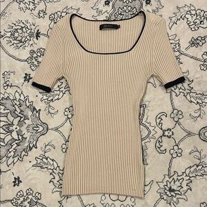 Beige Square Neck Ribbed Tee with Black Trim